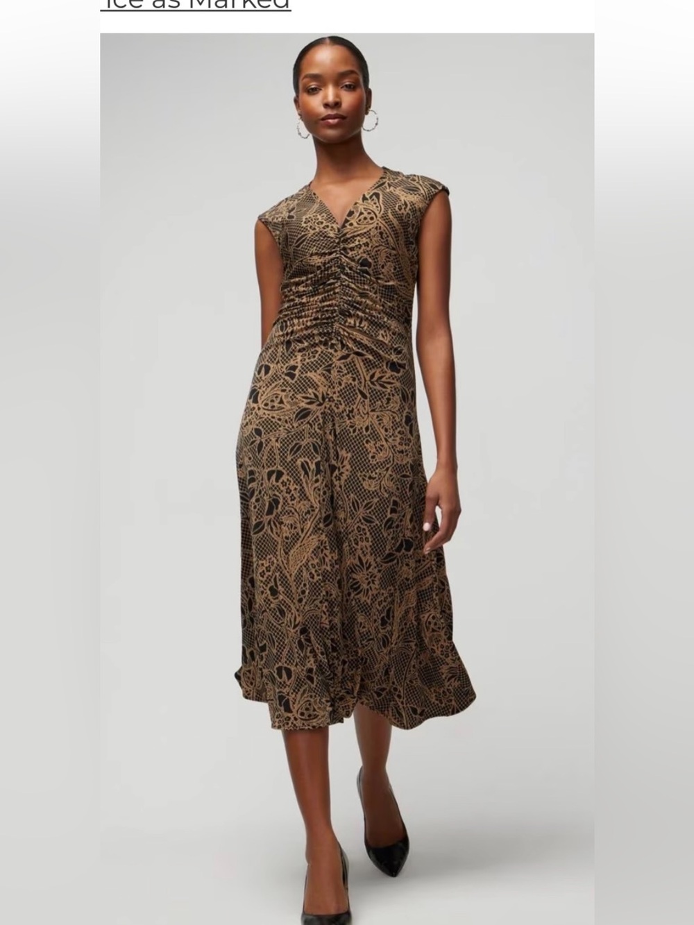 WHBM NWOT Black and Tan Ruched V-Neck Dress!